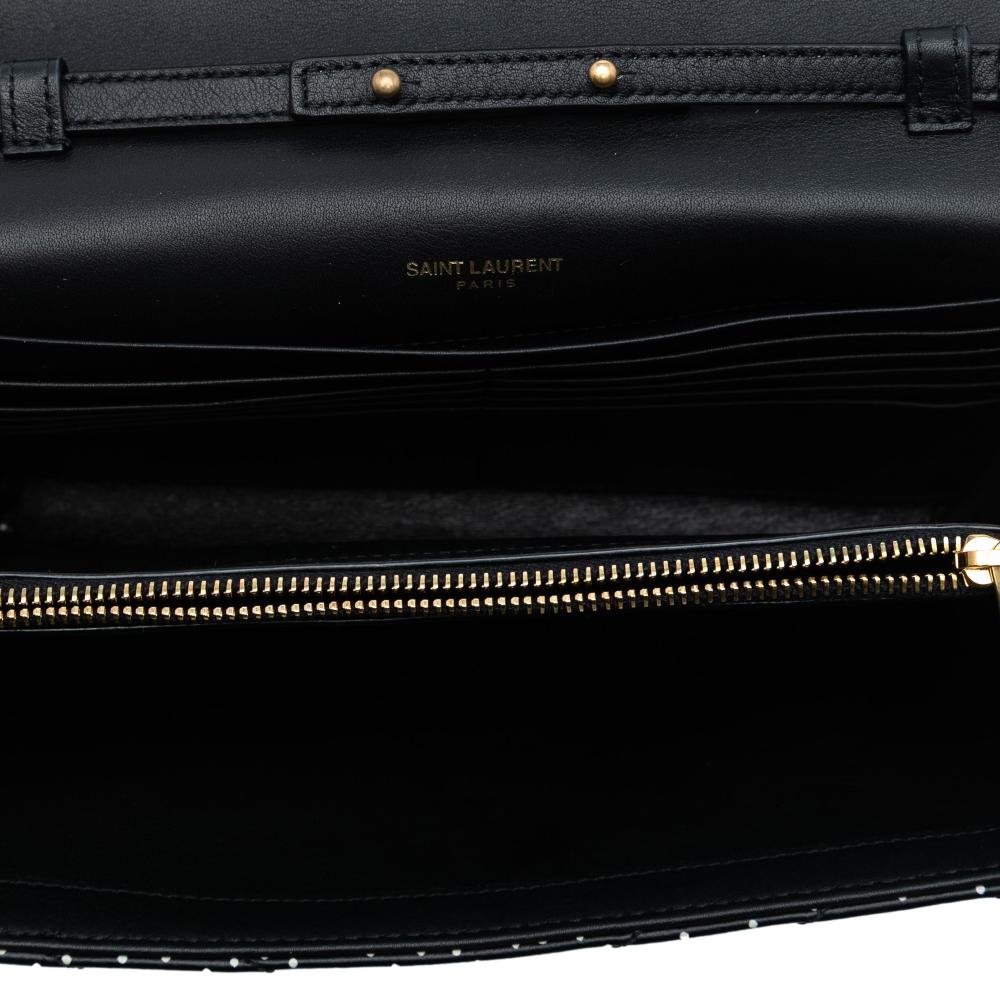 Saint Laurent Black Calf Leather Quilted Chevron skin Polka Dot Monogram Envelope Chain Wallet Italy