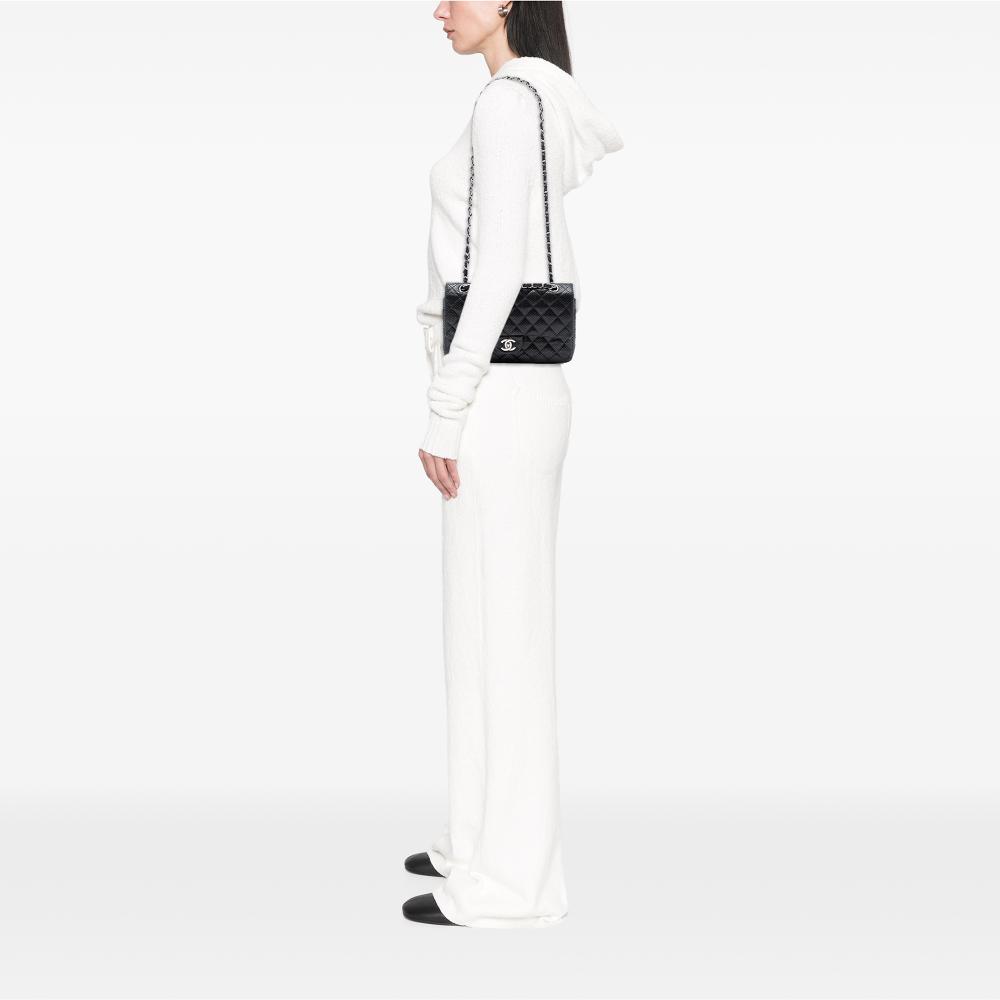 Chanel B Chanel Black Lambskin Leather Leather Medium Classic Perforated Lambskin Double Flap France