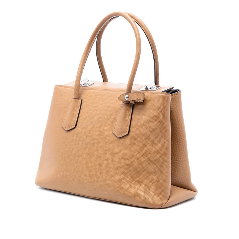 Prada B Prada Brown Beige Saffiano Leather Cuir Turnlock Twin Satchel Italy