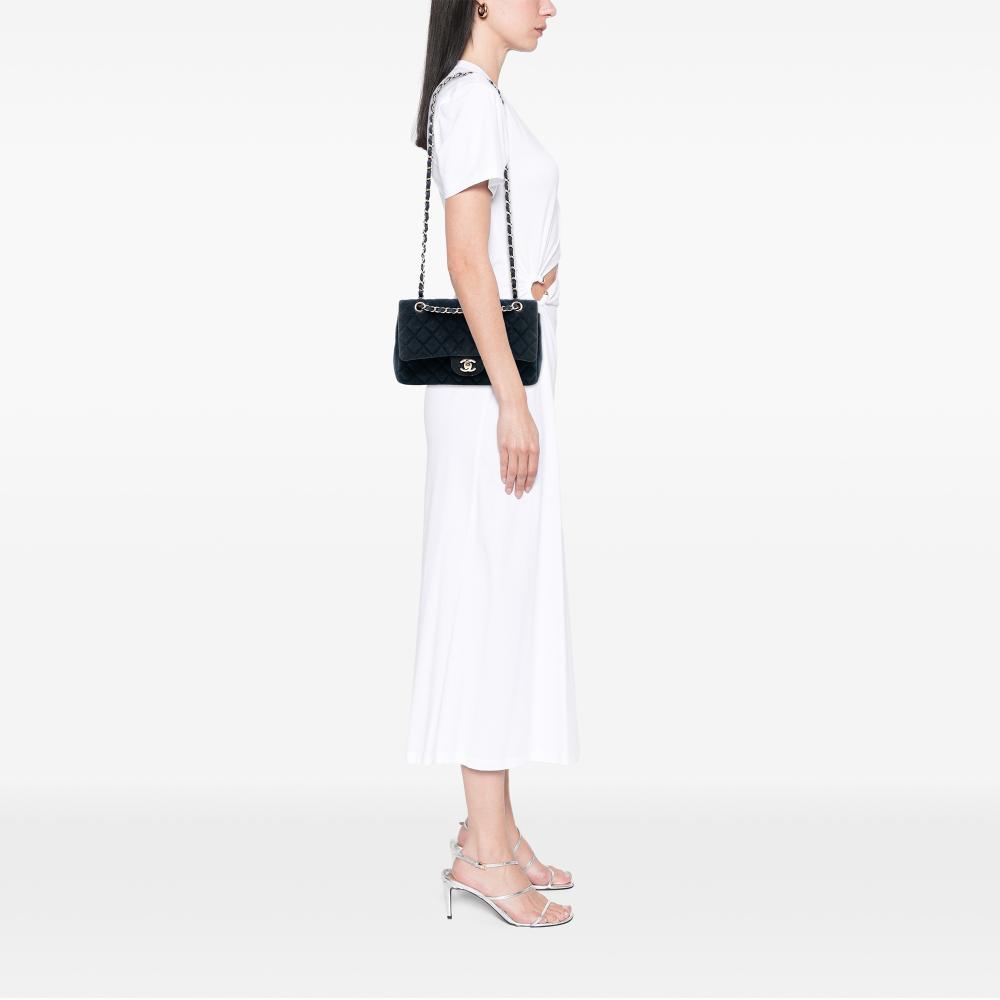 Chanel B Chanel Blue Navy Velvet Fabric Medium Classic Double Flap France