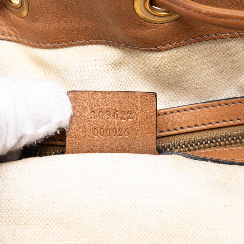 Gucci B Gucci Brown Beige Canvas Fabric GG Web Rania Drawstring Hobo Italy