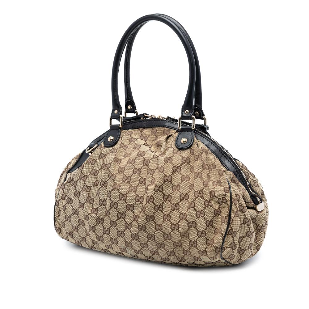 Gucci B Gucci Brown Beige Canvas Fabric GG Sukey Satchel Italy