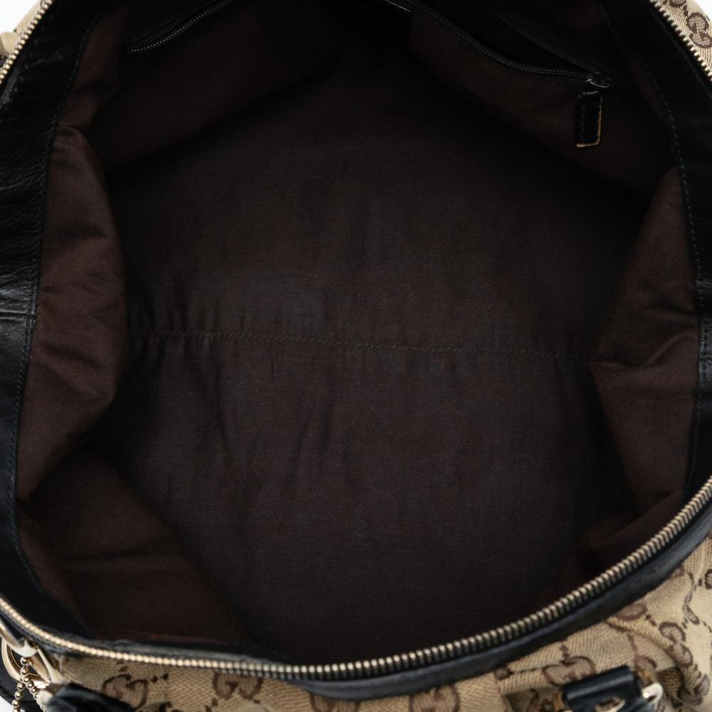 Gucci B Gucci Brown Beige Canvas Fabric GG Sukey Satchel Italy