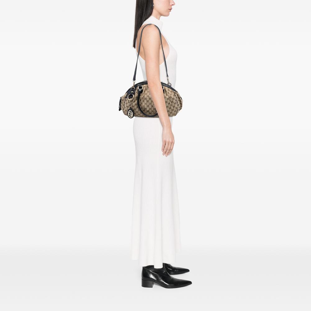 Gucci B Gucci Brown Beige Canvas Fabric GG Sukey Satchel Italy