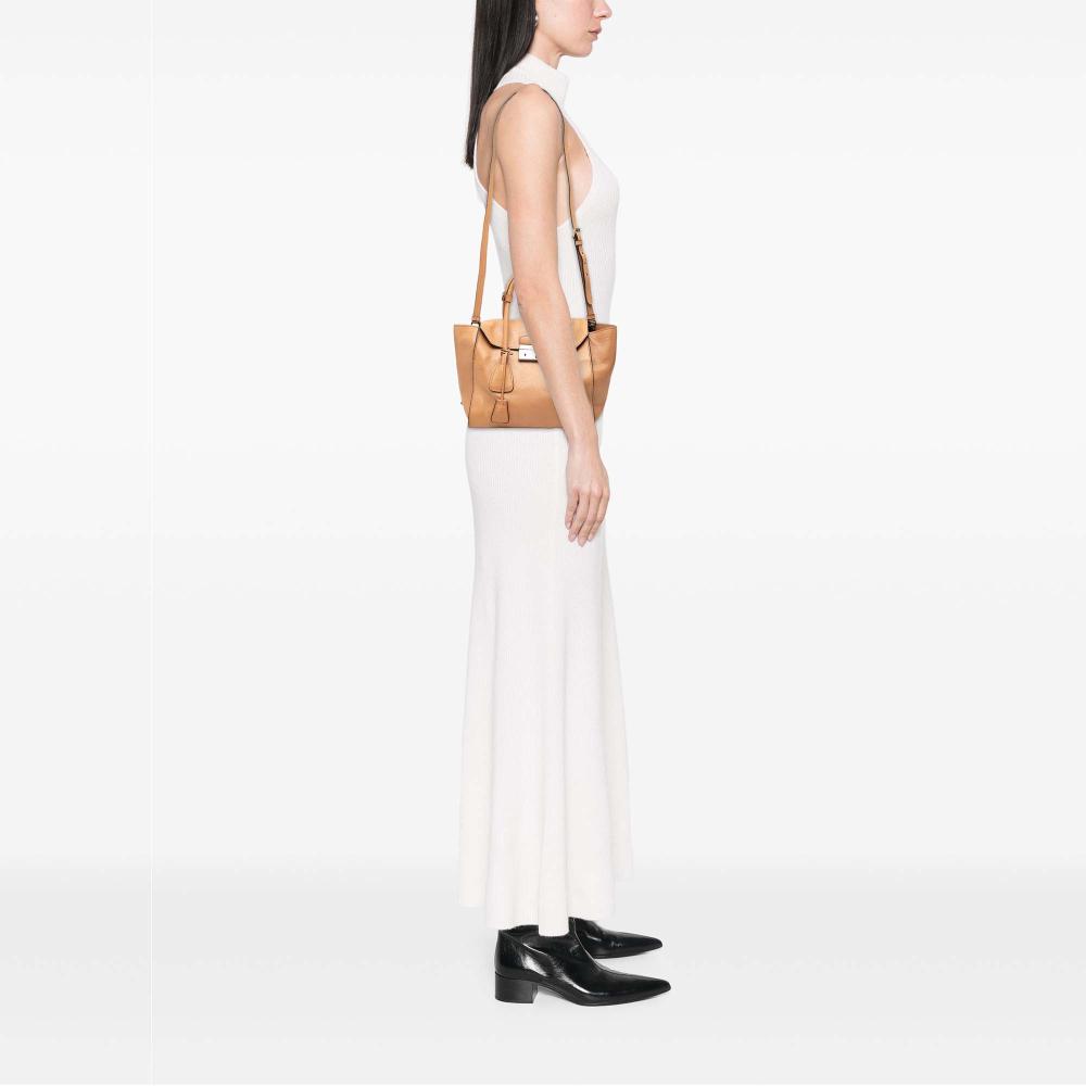 Prada B Prada Brown Beige Calf Leather Glace Sound Lock Satchel Italy