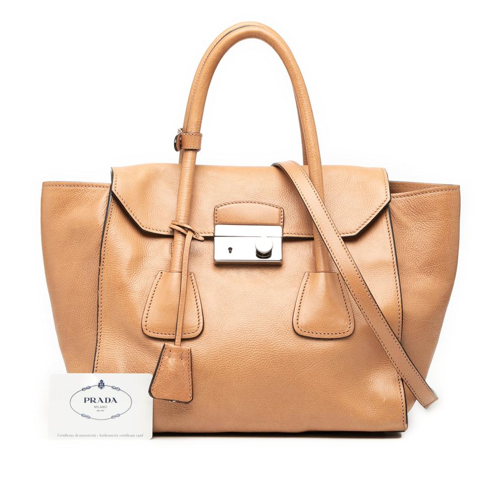 Prada B Prada Brown Beige Calf Leather Glace Sound Lock Satchel Italy