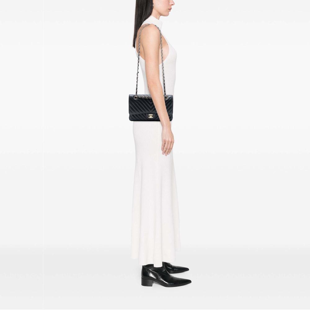 Chanel B Chanel Black Lambskin Leather Leather Medium Classic Chevron Lambskin Double Flap France