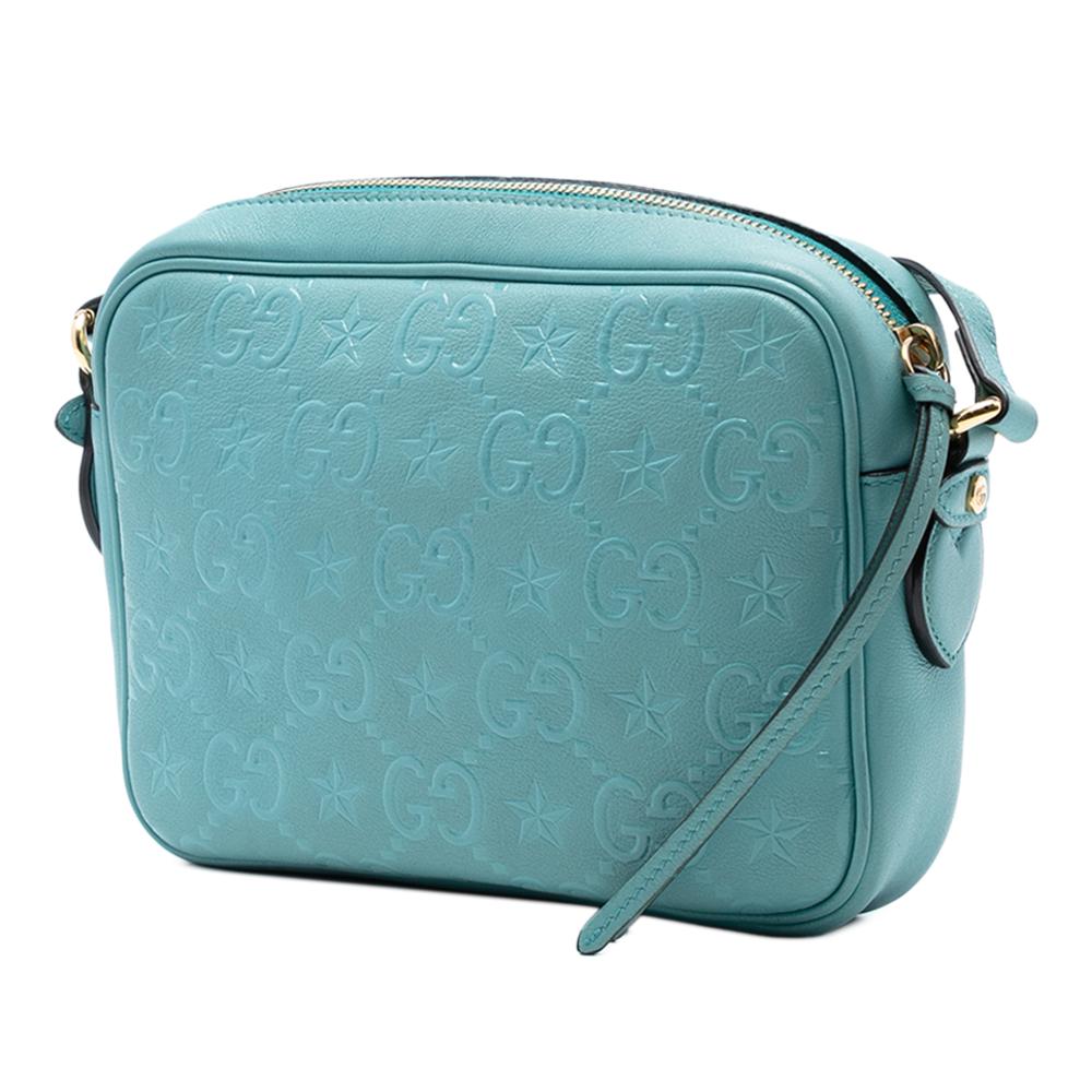 Gucci AB Gucci Blue Light Blue Calf Leather GG Star Embossed Crossbody Italy