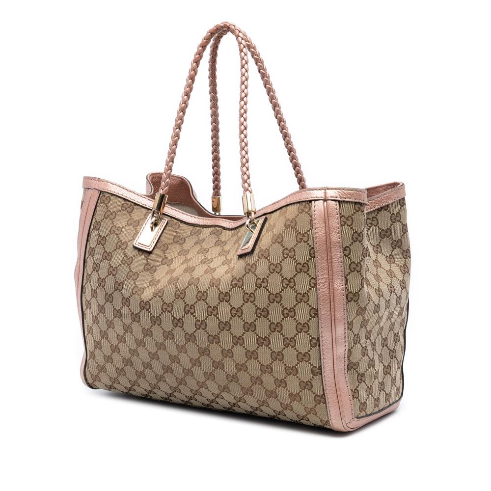 Gucci B Gucci Brown Beige with Pink Canvas Fabric Medium GG Bella Tote Italy