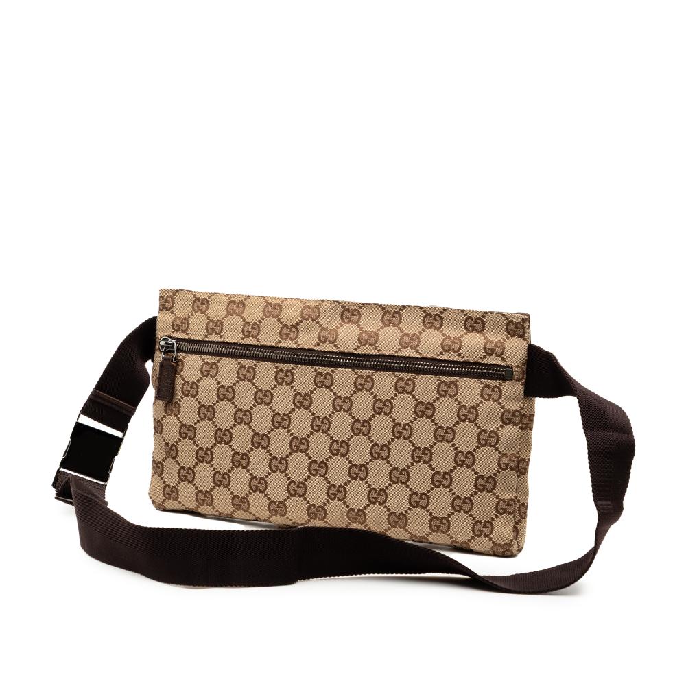 Gucci B Gucci Brown Beige Canvas Fabric GG Double Pocket Belt Bag Italy