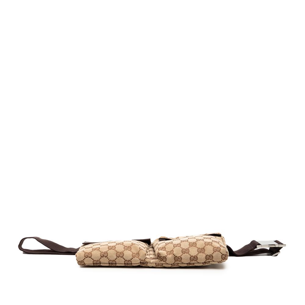 Gucci B Gucci Brown Beige Canvas Fabric GG Double Pocket Belt Bag Italy