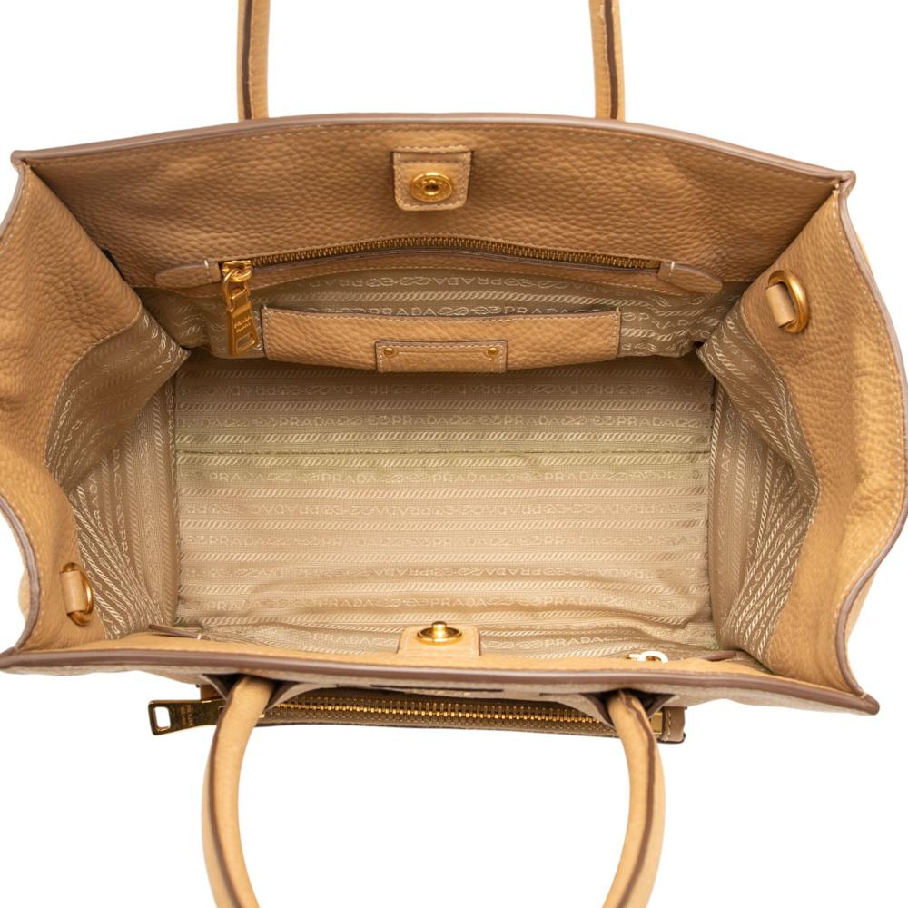 Prada B Prada Brown Beige Calf Leather Vitello Daino Front Pocket Open Convertible Tote Italy