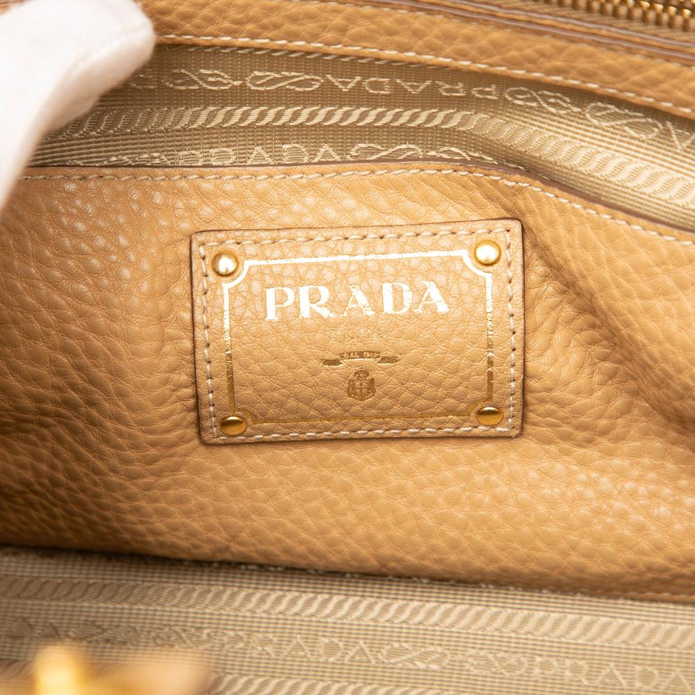 Prada B Prada Brown Beige Calf Leather Vitello Daino Front Pocket Open Convertible Tote Italy