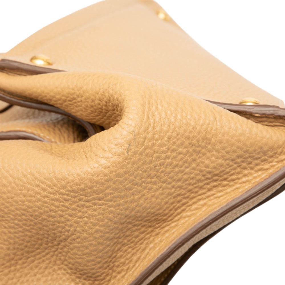 Prada B Prada Brown Beige Calf Leather Vitello Daino Front Pocket Open Convertible Tote Italy