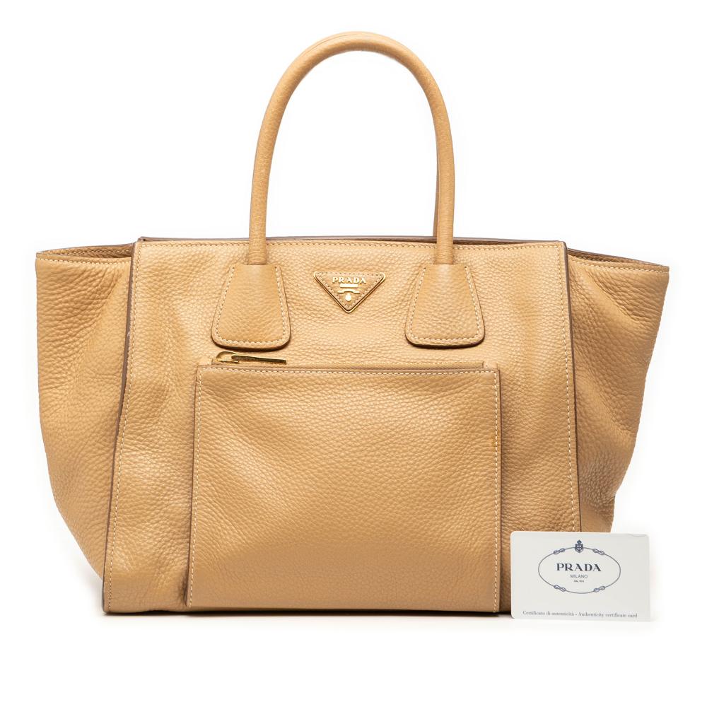 Prada B Prada Brown Beige Calf Leather Vitello Daino Front Pocket Open Convertible Tote Italy