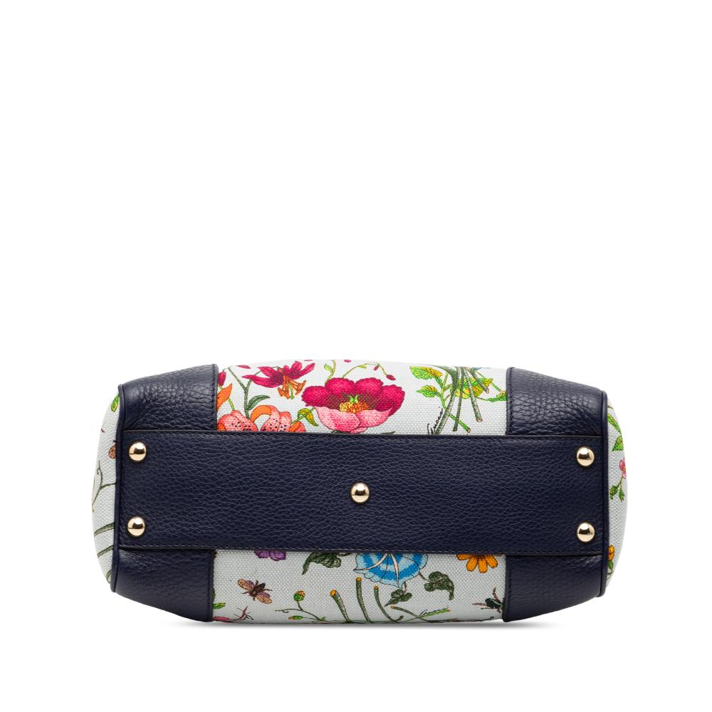 Gucci B Gucci Blue Light Blue Canvas Fabric Small Flora Bamboo Shopper Satchel Italy