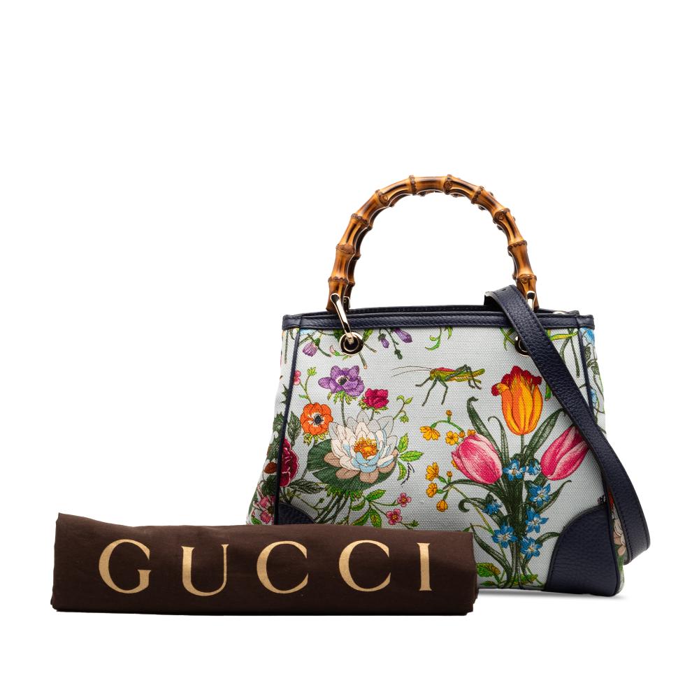 Gucci B Gucci Blue Light Blue Canvas Fabric Small Flora Bamboo Shopper Satchel Italy