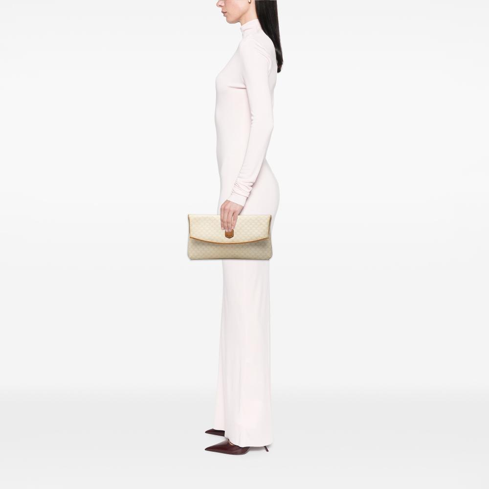 Celine B Celine Brown Light Beige Coated Canvas Fabric Macadam Clutch Italy