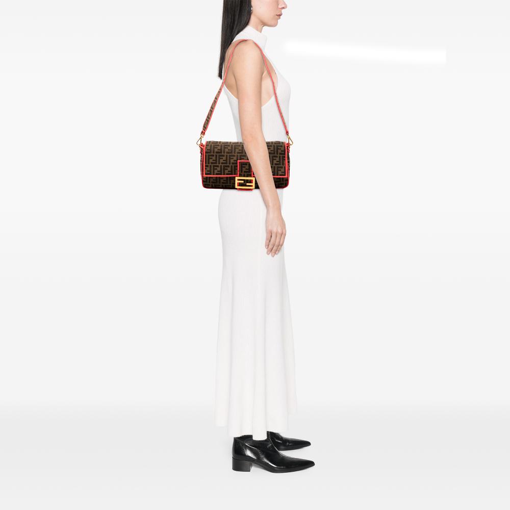 Fendi B Fendi Brown with Pink Canvas Fabric Large Zucca Baguette Satchel Italy