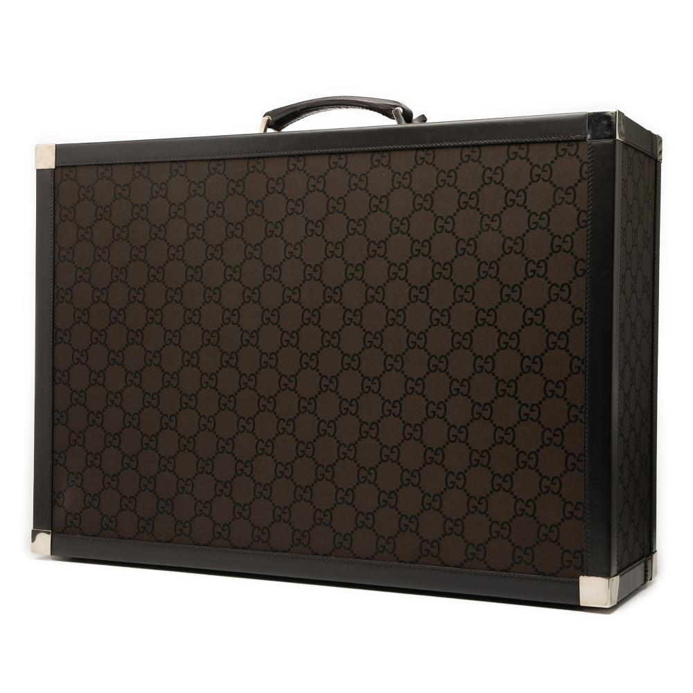 Gucci B Gucci Brown Dark Brown Canvas Fabric GG Trunk Suitcase Italy