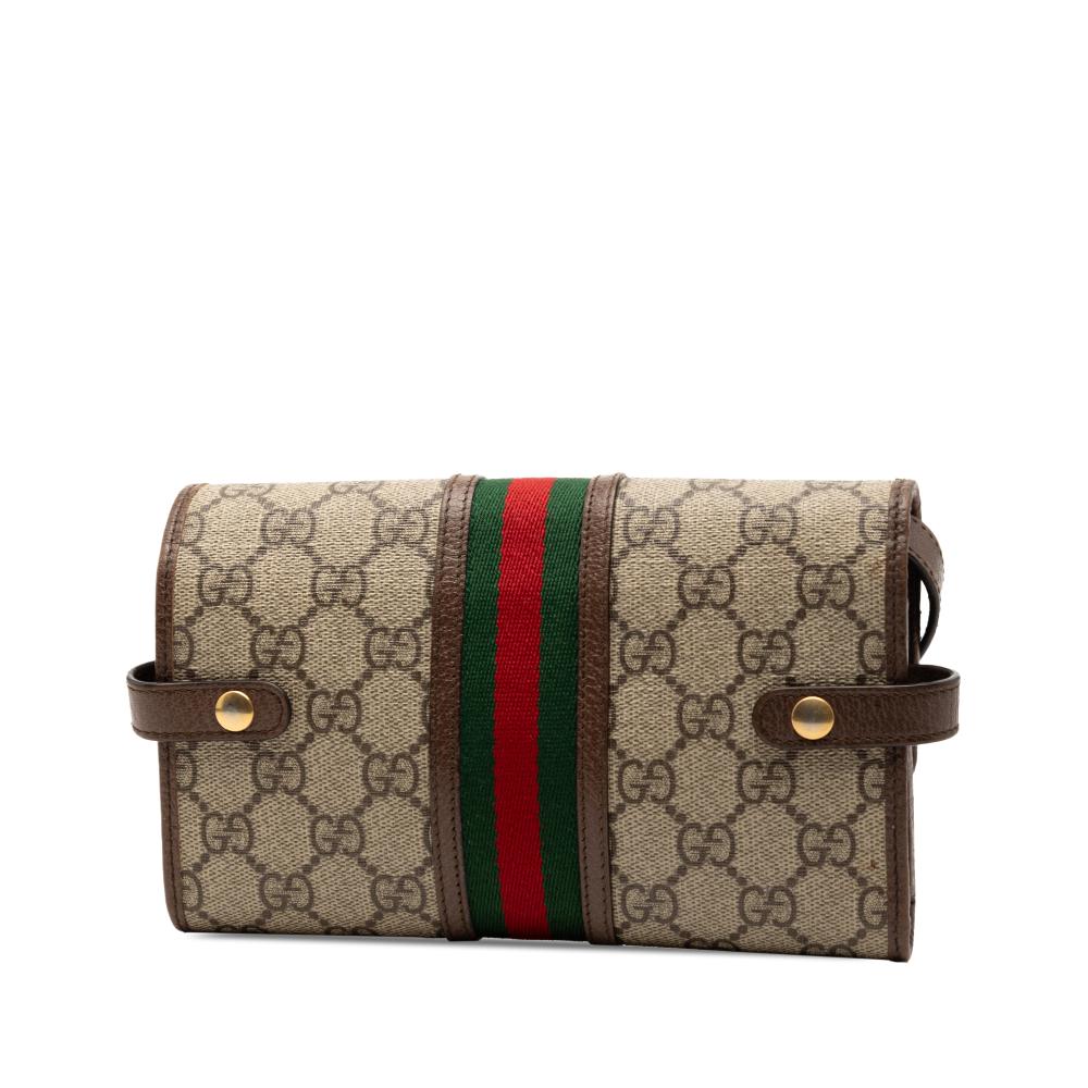 Gucci B Gucci Brown Beige Coated Canvas Fabric GG Supreme Web Ophidia Trifold Wallet on Strap Italy