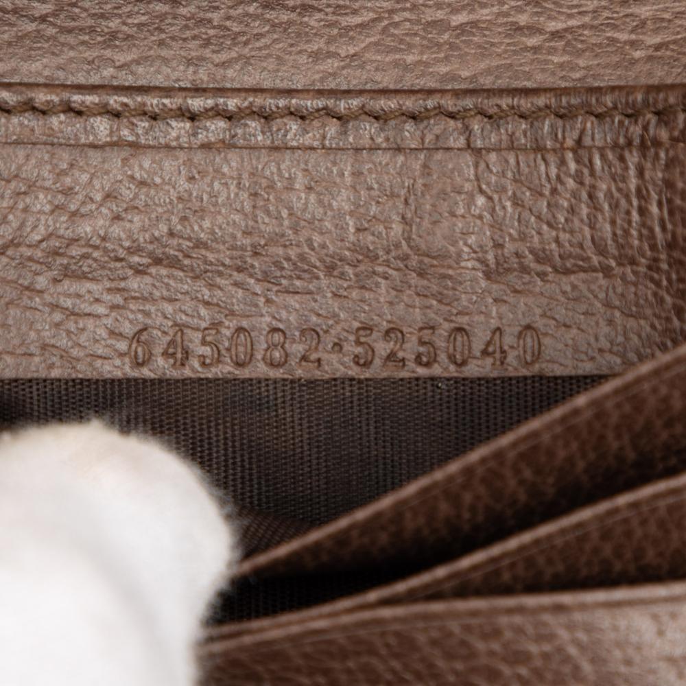 Gucci B Gucci Brown Beige Coated Canvas Fabric GG Supreme Web Ophidia Trifold Wallet on Strap Italy