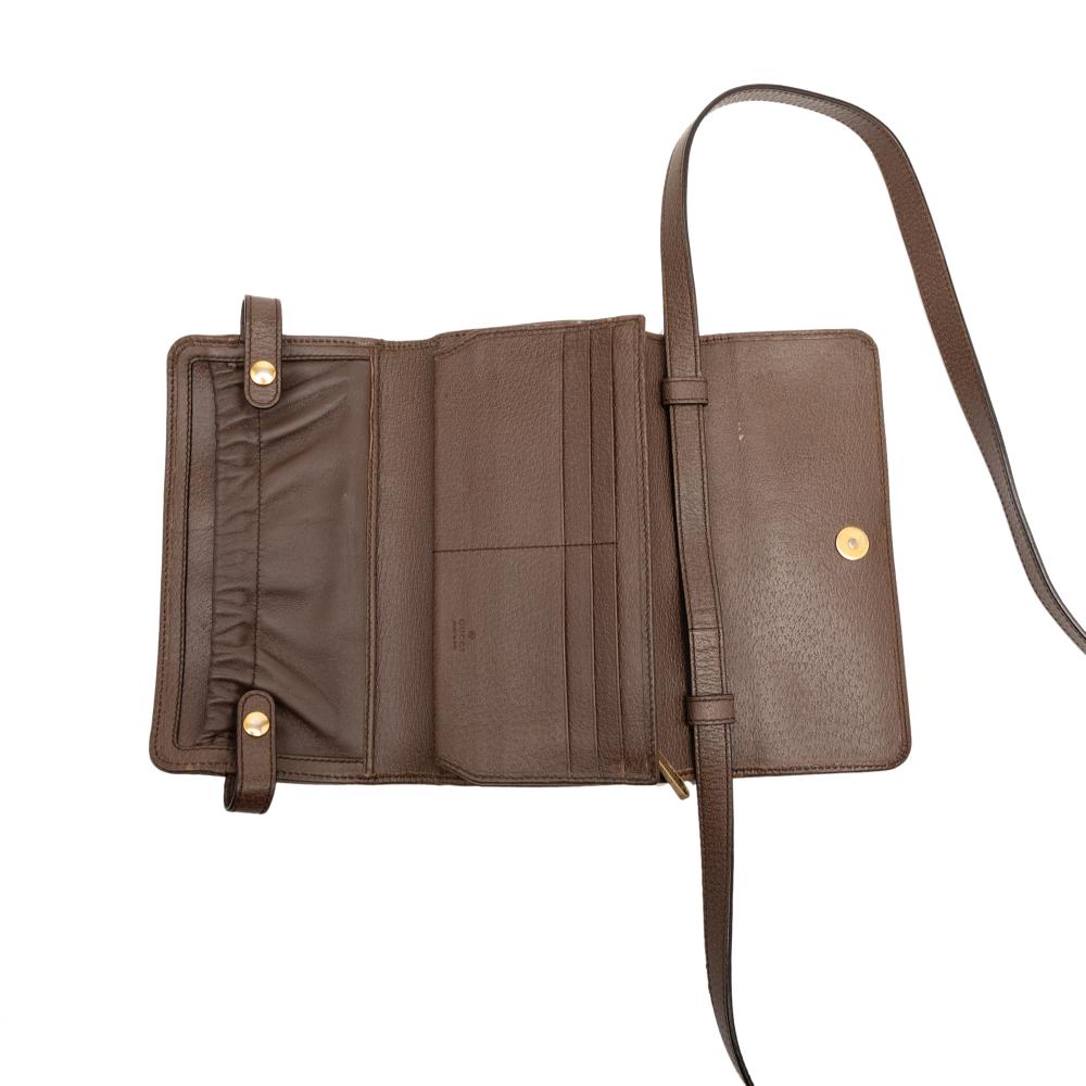 Gucci B Gucci Brown Beige Coated Canvas Fabric GG Supreme Web Ophidia Trifold Wallet on Strap Italy
