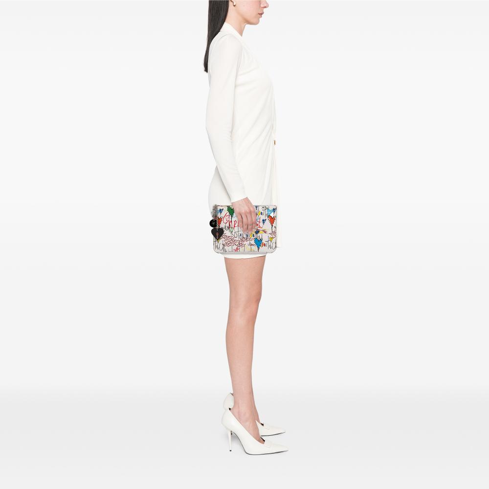 Christian Louboutin AB Christian Louboutin White with Multi Calf Leather Printed Graffiti Loubitag Clutch Italy