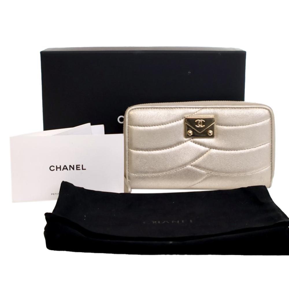 Chanel AB Chanel Gold Light Gold Lambskin Leather Leather CC Lambskin Zip Wallet Italy