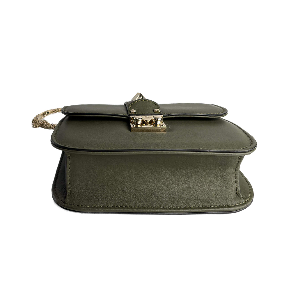 Valentino Rockstud Glam Lock Small Calfskin Leather Flap Shoulder Bag Military Green