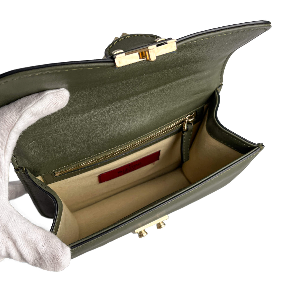 Valentino Rockstud Glam Lock Small Calfskin Leather Flap Shoulder Bag Military Green