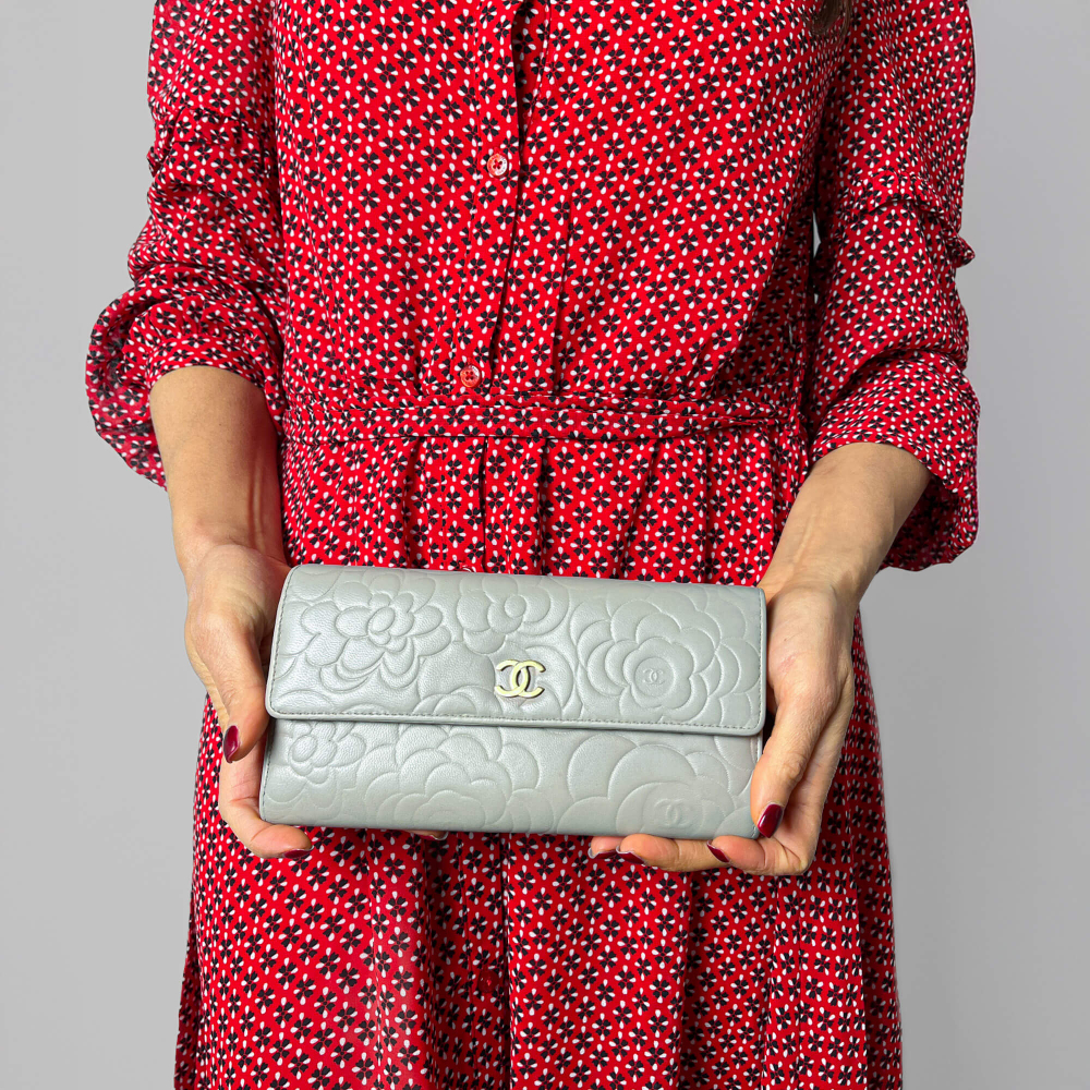 Chanel Camellia Lambskin Leather Embossed Long Flap Wallet Grey