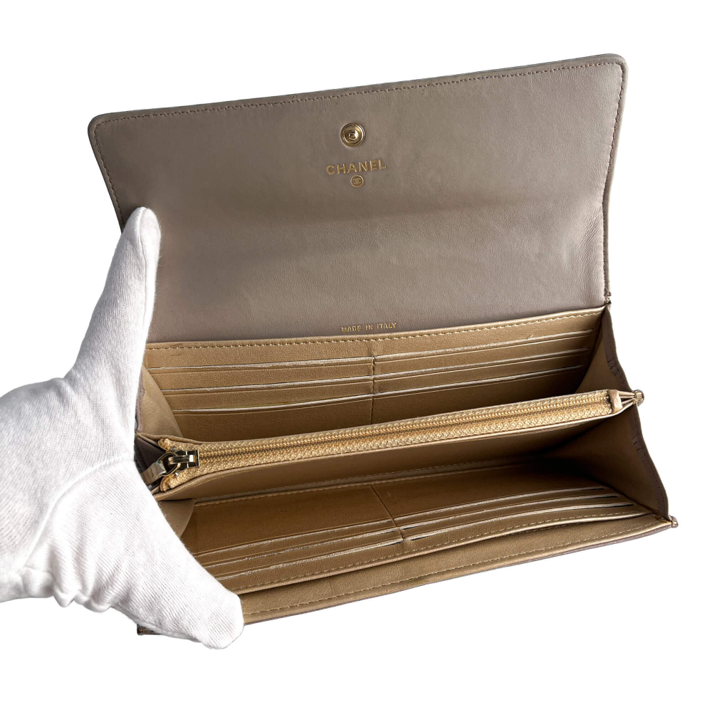 Chanel Camellia Lambskin Leather Embossed Long Flap Wallet Grey