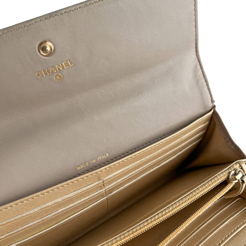 Chanel Camellia Lambskin Leather Embossed Long Flap Wallet Grey