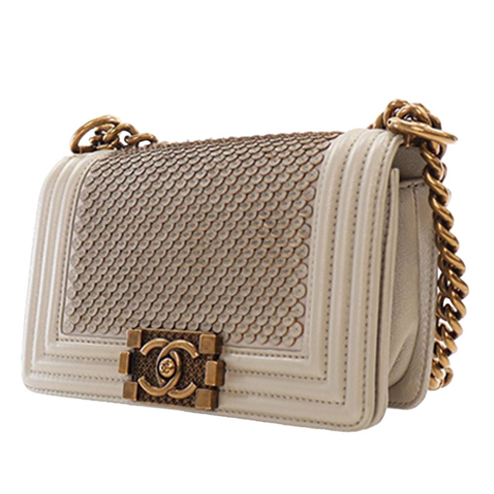 Chanel AB Chanel Gold Light Gold Lambskin Leather Leather Small Scaled Lambskin Boy Flap Italy
