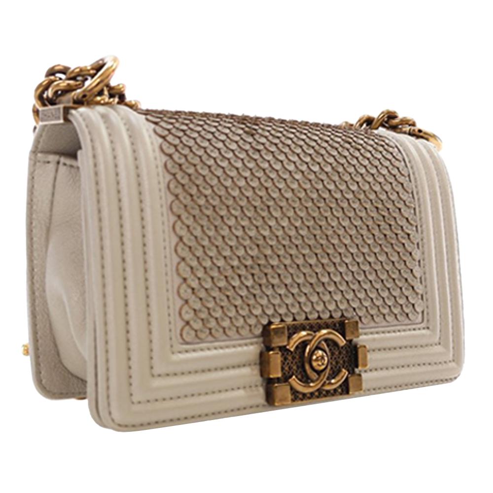 Chanel AB Chanel Gold Light Gold Lambskin Leather Leather Small Scaled Lambskin Boy Flap Italy