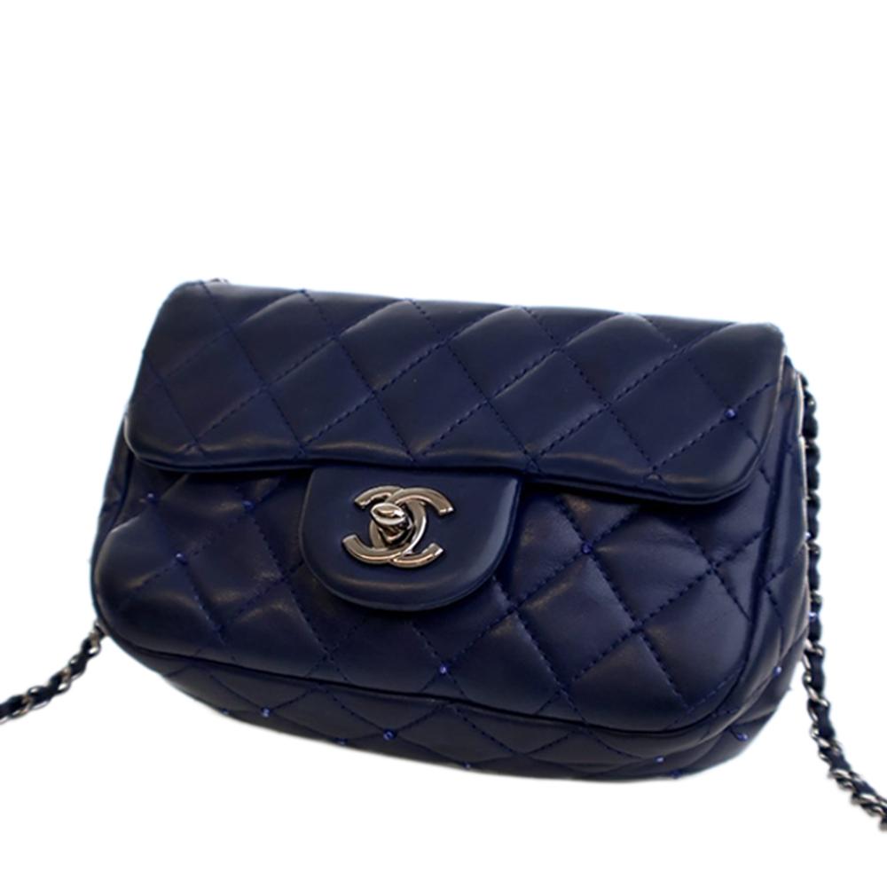 Chanel Blue Mini Rectangular Classic Lambskin Crystal Single Flap Italy