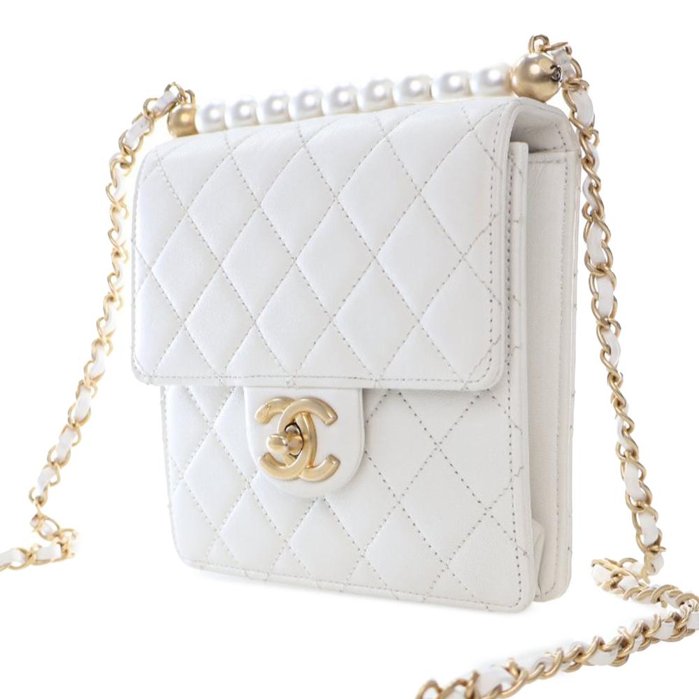 Chanel AB Chanel White Lambskin Leather Leather Small Quilted Lambskin Chic Pearls Flap Italy