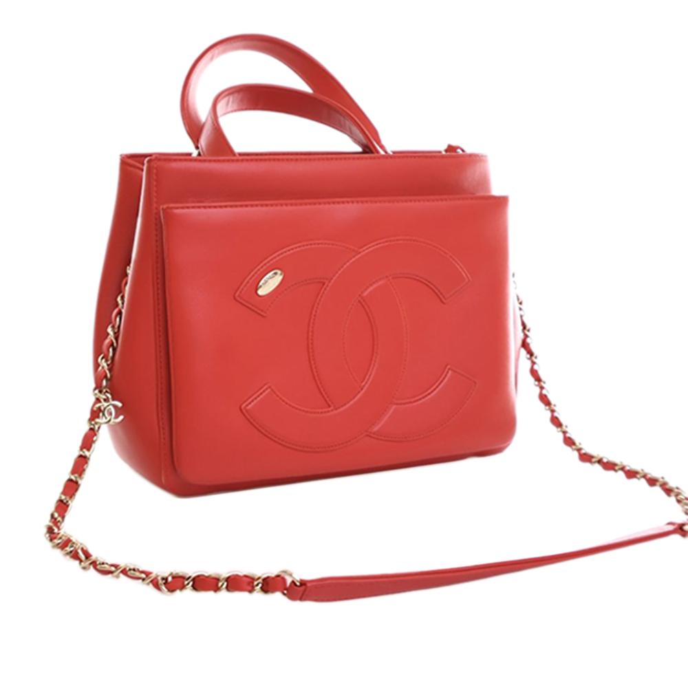 Chanel AB Chanel Red Lambskin Leather Leather Small Lambskin CC Mania Shopping Tote Italy