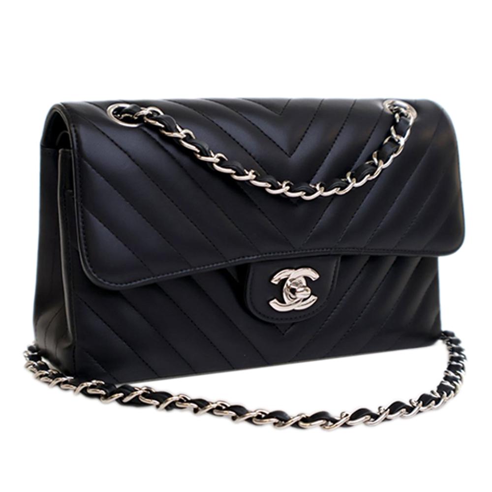 Chanel AB Chanel Black Lambskin Leather Leather Small Classic Chevron Lambskin Double Flap Italy