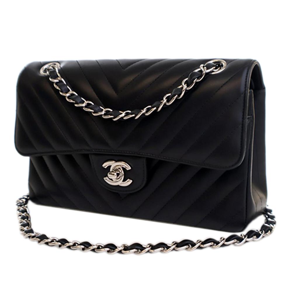 Chanel AB Chanel Black Lambskin Leather Leather Small Classic Chevron Lambskin Double Flap Italy