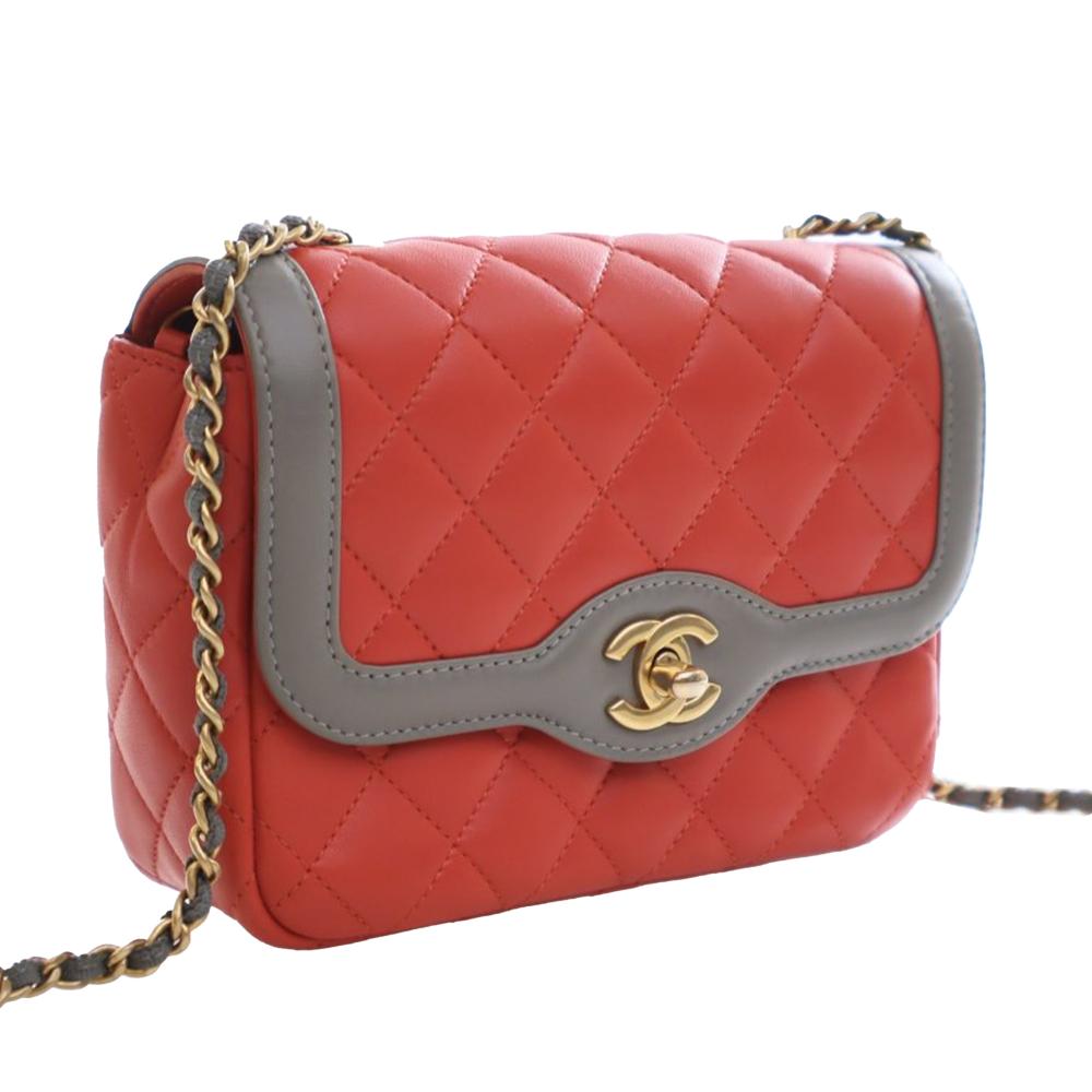 Chanel AB Chanel Red with Gray Lambskin Leather Leather Mini Quilted Lambskin Two Tone Day Flap Italy