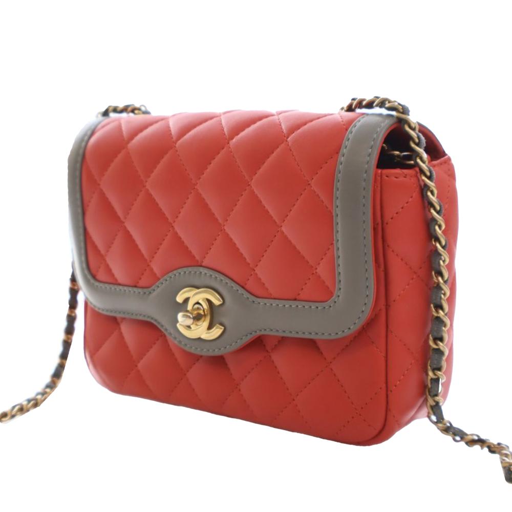 Chanel AB Chanel Red with Gray Lambskin Leather Leather Mini Quilted Lambskin Two Tone Day Flap Italy