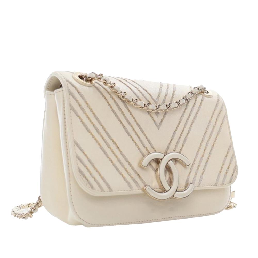 Chanel AB Chanel White Ivory Sheepskin Leather Leather Small CC Chevron Sheepskin Subtle Flap Italy