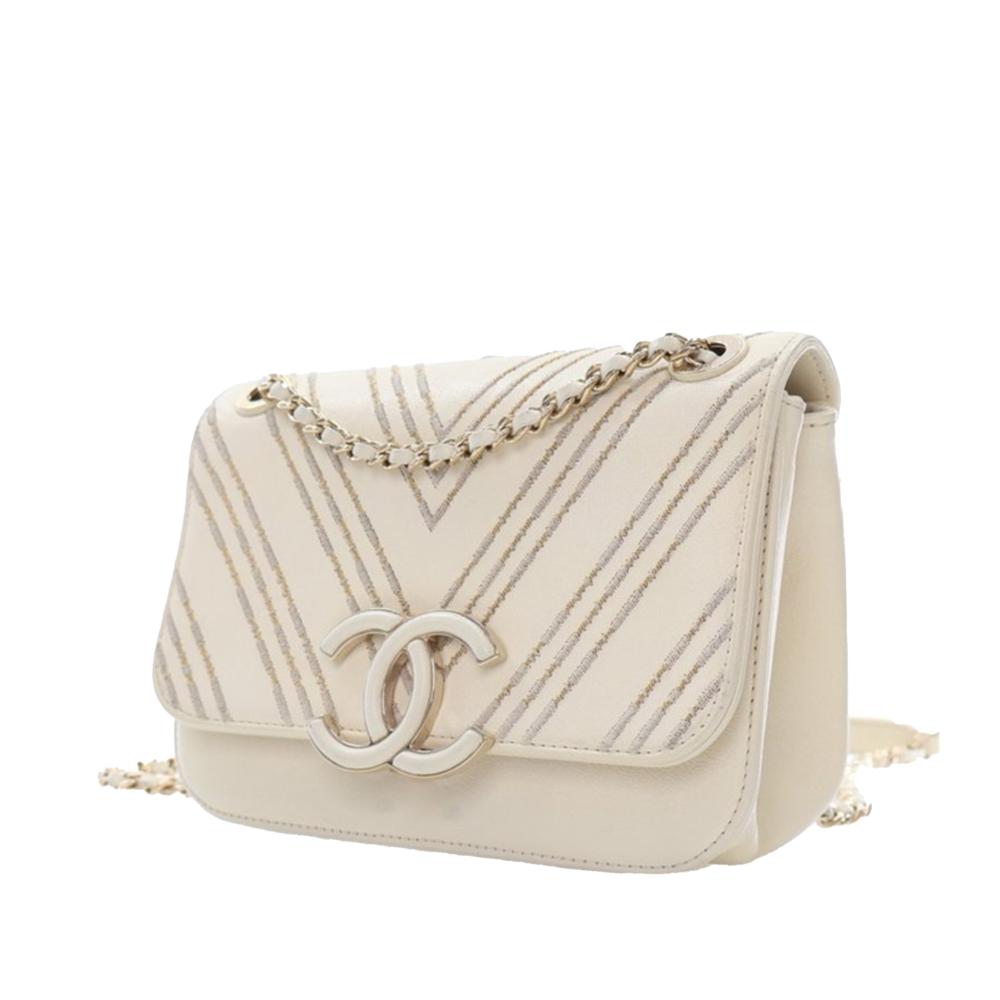 Chanel AB Chanel White Ivory Sheepskin Leather Leather Small CC Chevron Sheepskin Subtle Flap Italy