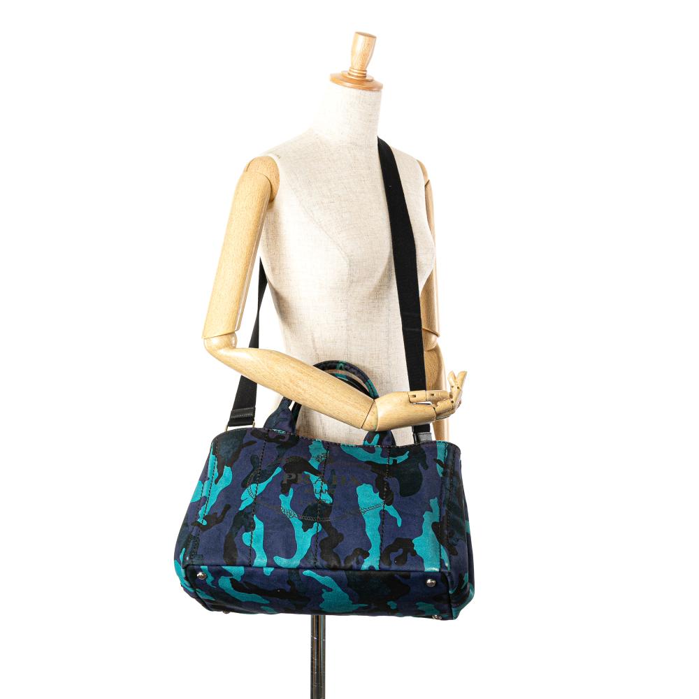 Prada B Prada Blue Dark Blue Canvas Fabric Camouflage Canapa Logo Satchel Italy