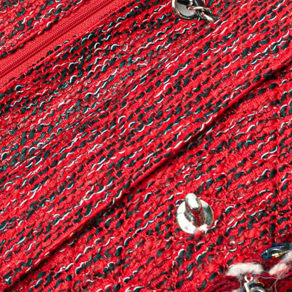 Chanel B Chanel Red Tweed Fabric Medium Braided Charms Double Flap France