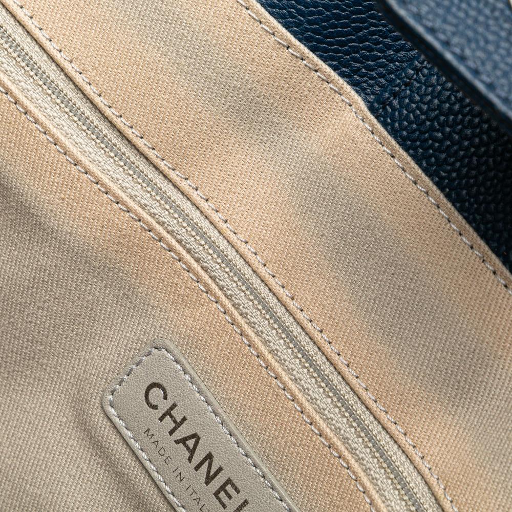 Chanel B Chanel Blue Navy Calf Leather Medium Glazed skin and Caviar Deauville Tote Italy