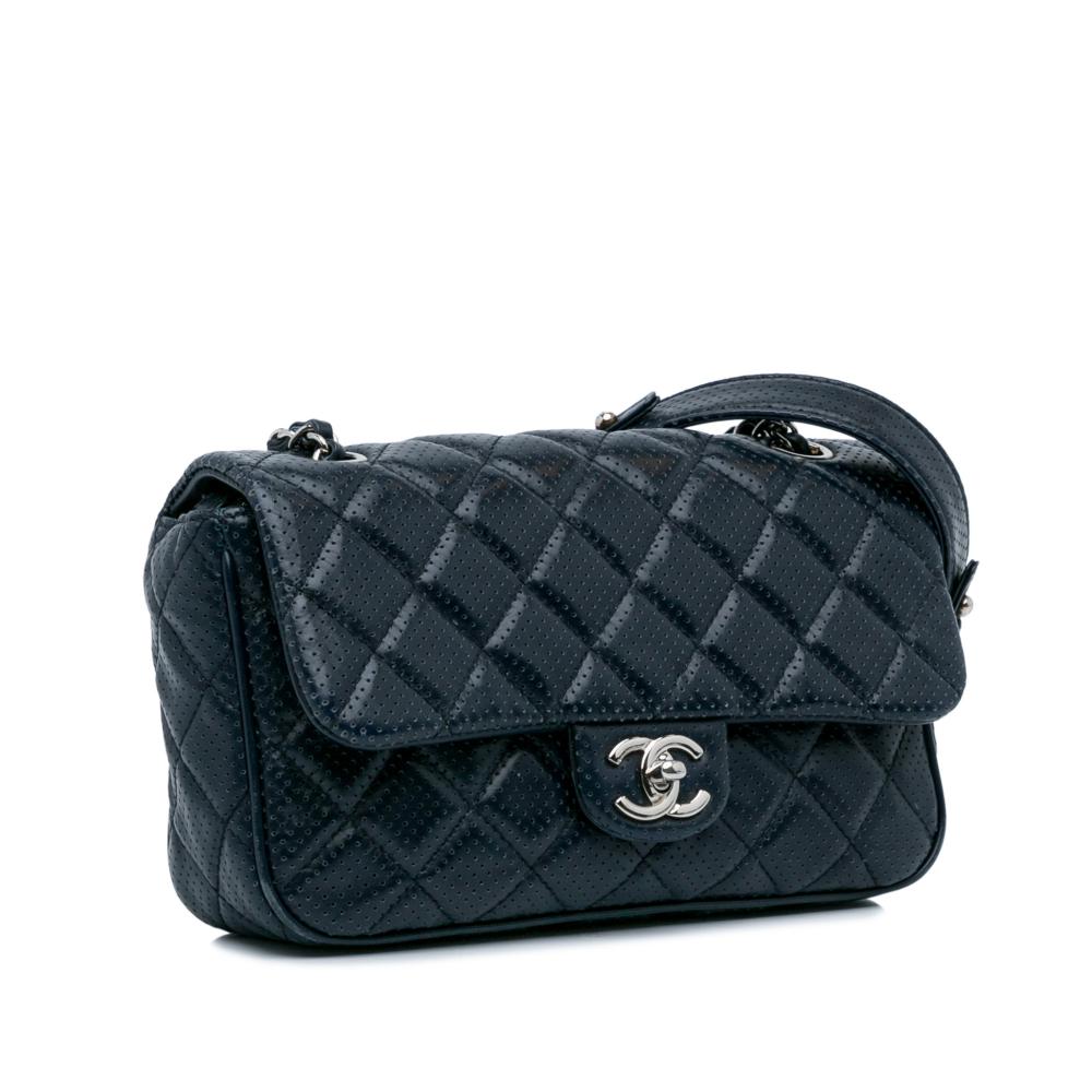 Chanel AB Chanel Blue Navy Lambskin Leather Leather CC Quilted Perforated Lambskin Single Flap Italy