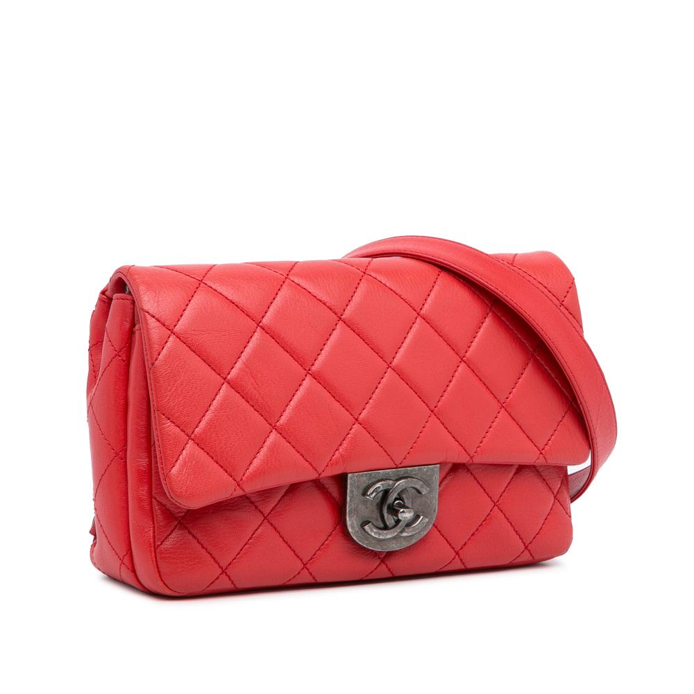 Chanel B Chanel Red Goatskin Leather Small Quilted Double Carry Waist Chain Flap Italy